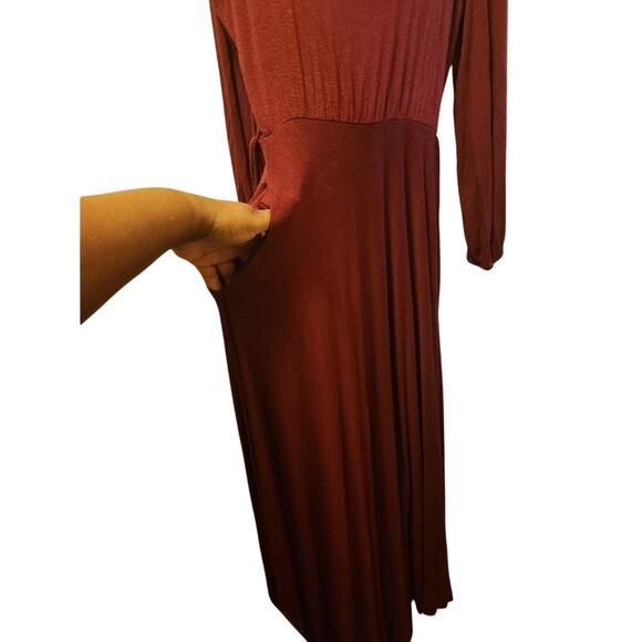 Maxi Dress Women's 3x Wine Long Sleeve Cut Out Front Stretch Pockets Tie Waist - Picture 2 of 4